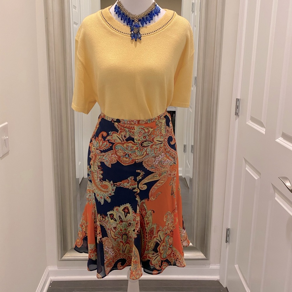 Lauren Ralph Lauren Paisley Skirt Sz 16 fully lined side zip extra dark navy